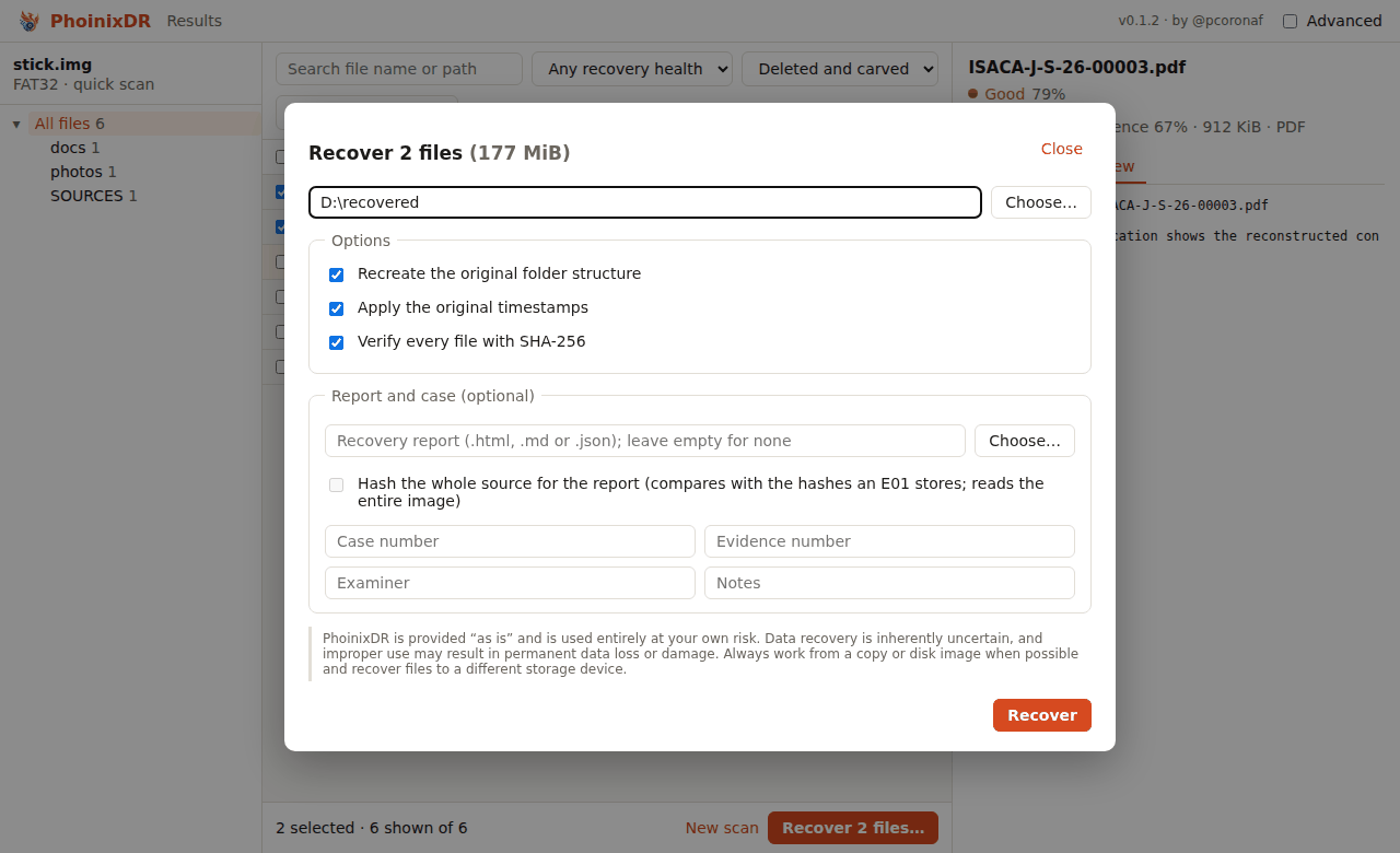 Recover dialog