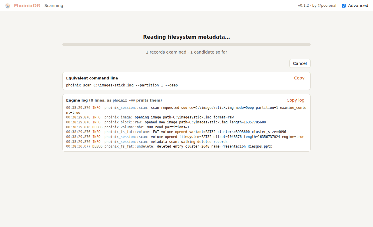Scanning page in Advanced mode with the equivalent command line and the live engine log