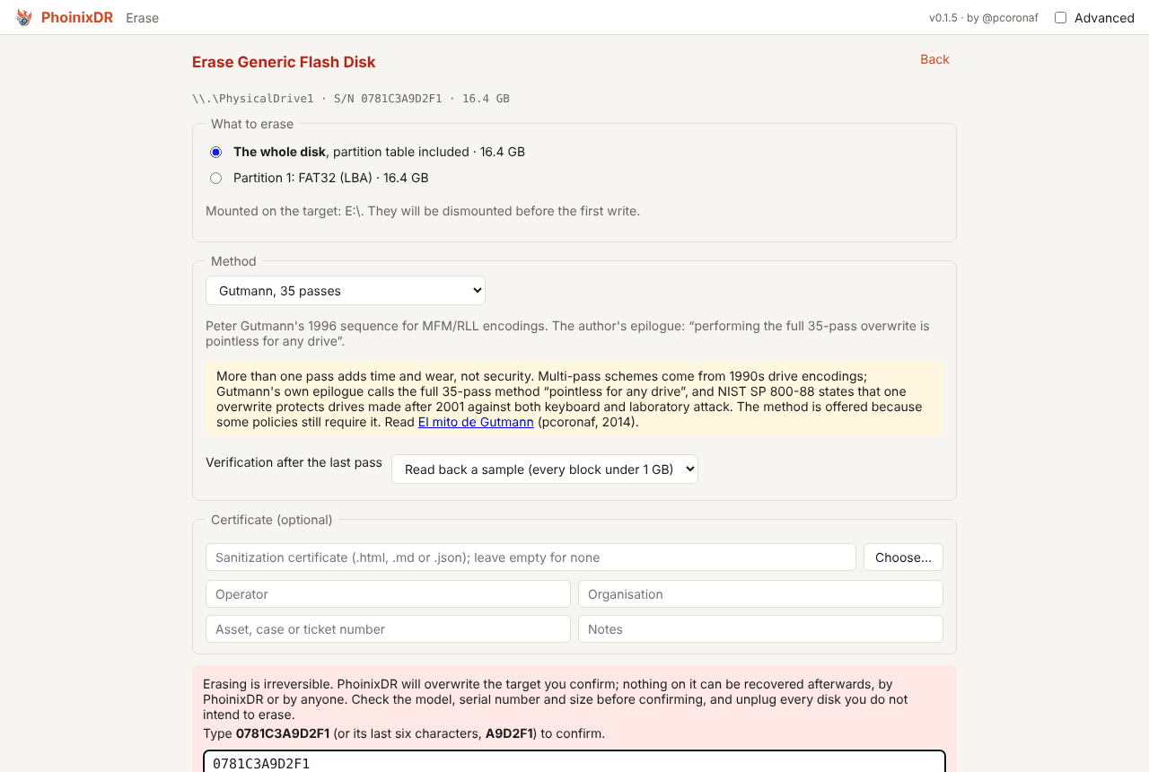 Erase setup with the Gutmann method selected and the multi-pass warning