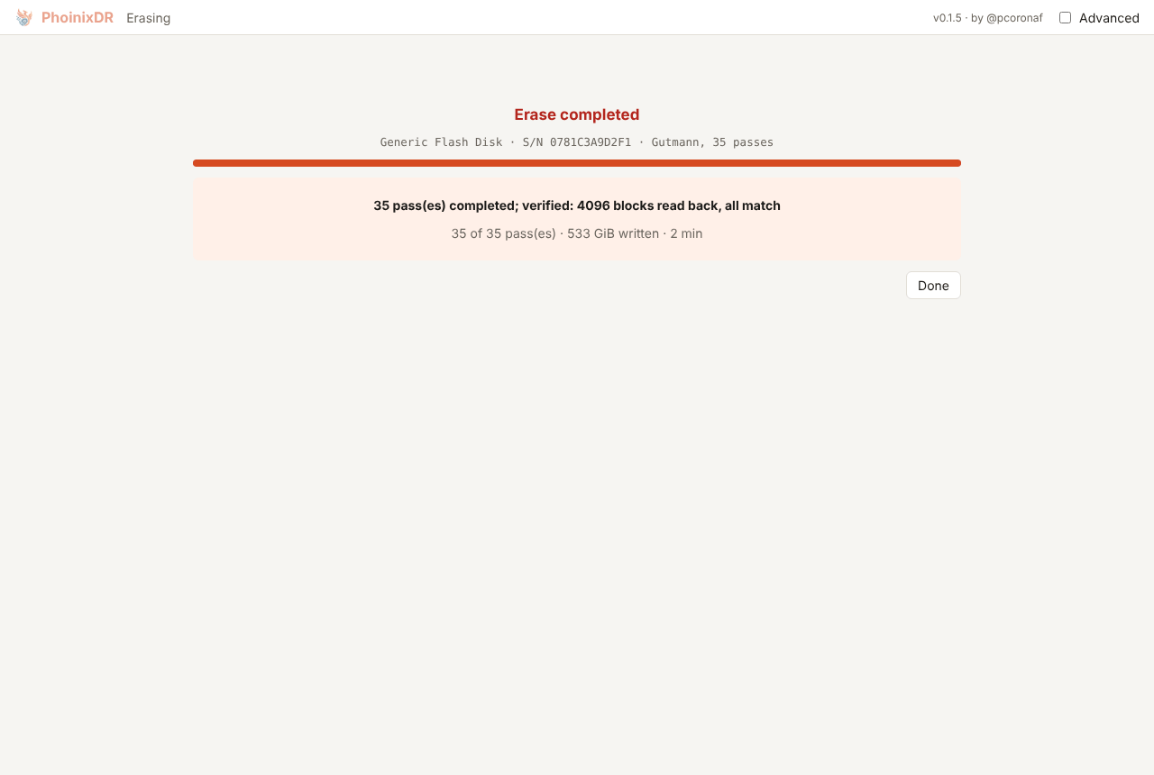 Erase completed with the verdict and the certificate path
