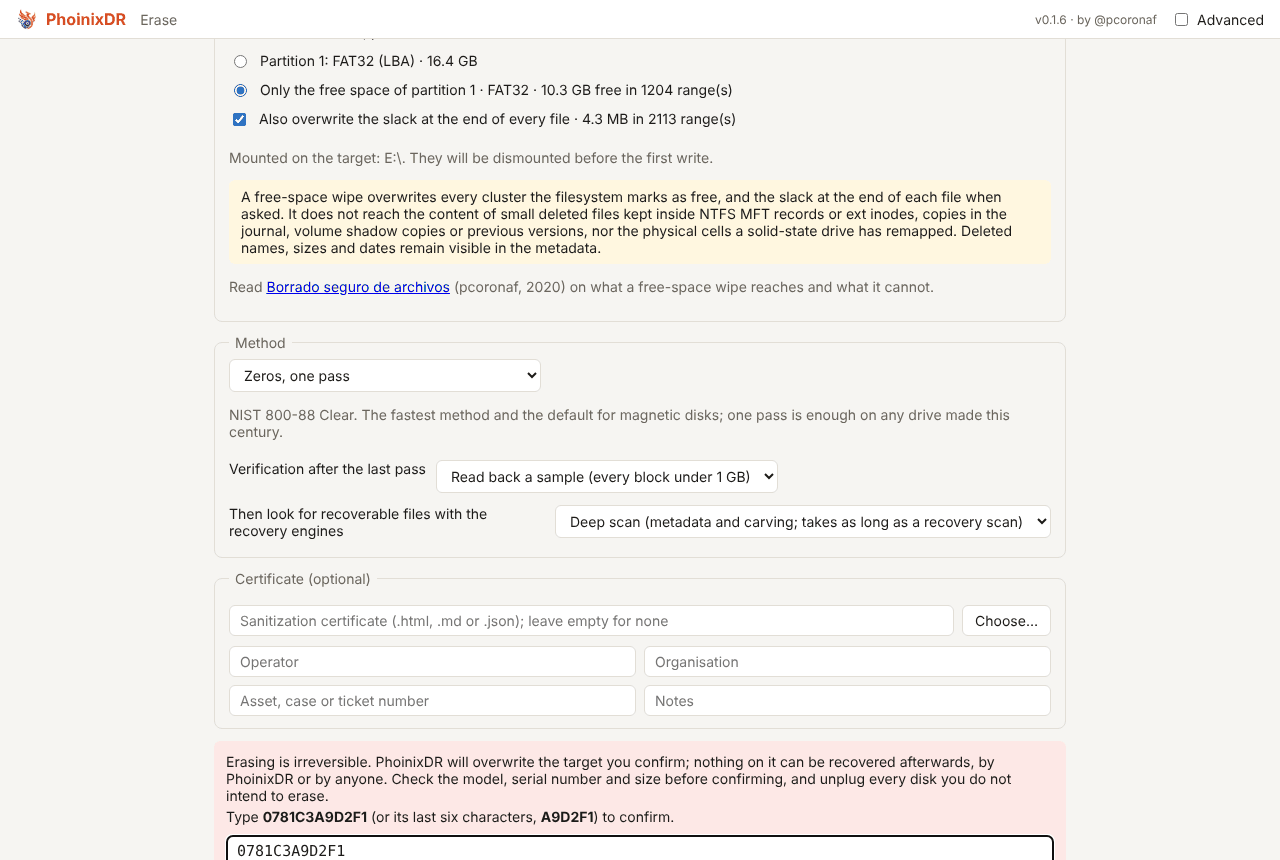 Erase setup with the free space of partition 1 selected, the slack option ticked and a deep post-erase scan