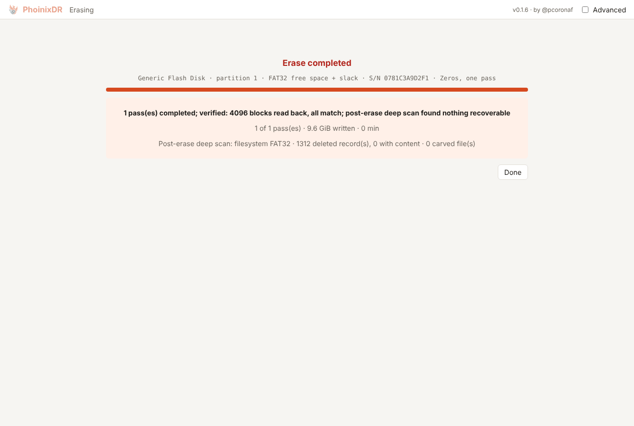 Free-space wipe completed: verified, and the deep scan found nothing recoverable