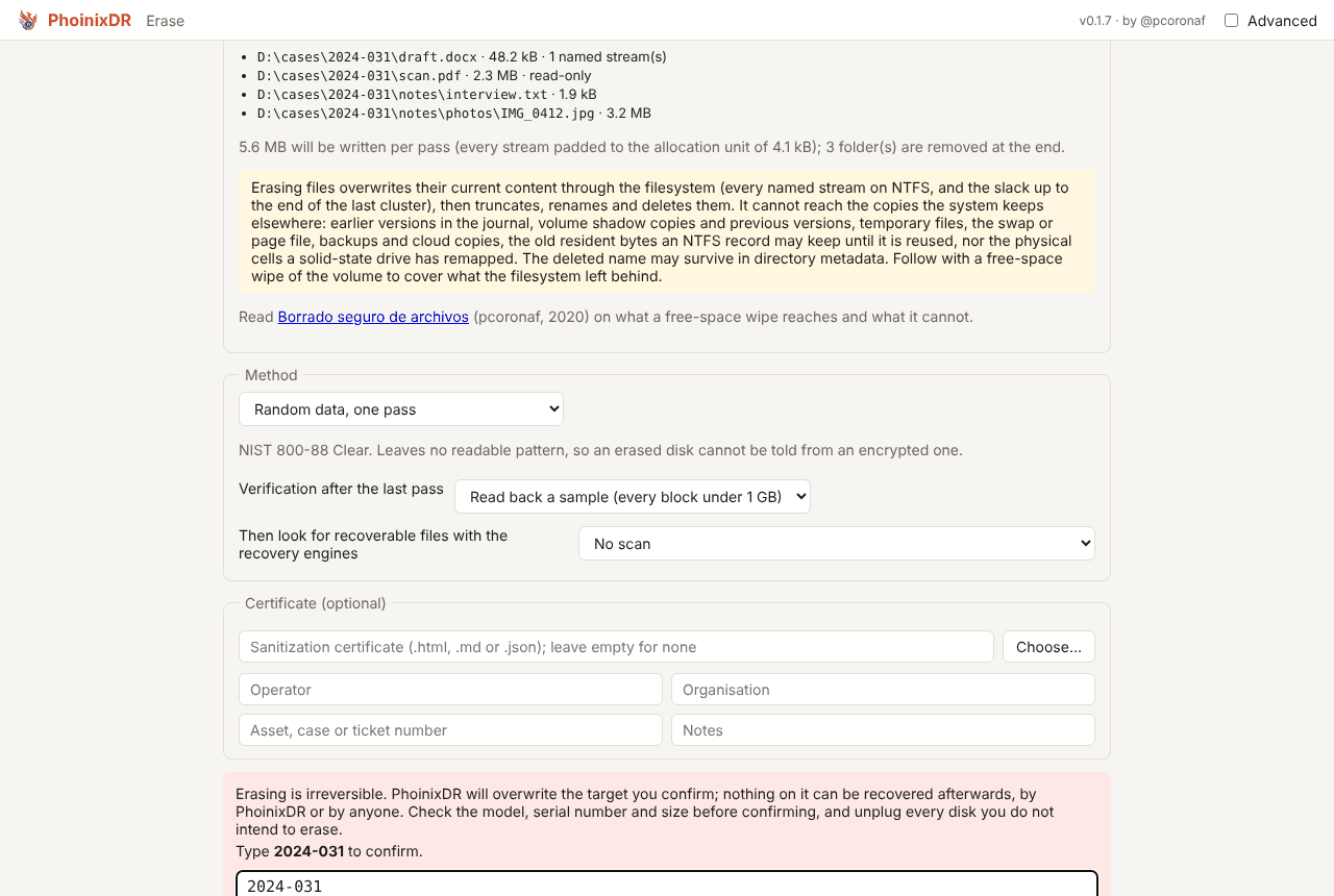 Erase setup for a folder: the files with their sizes and streams, the method and the note on what is not reached