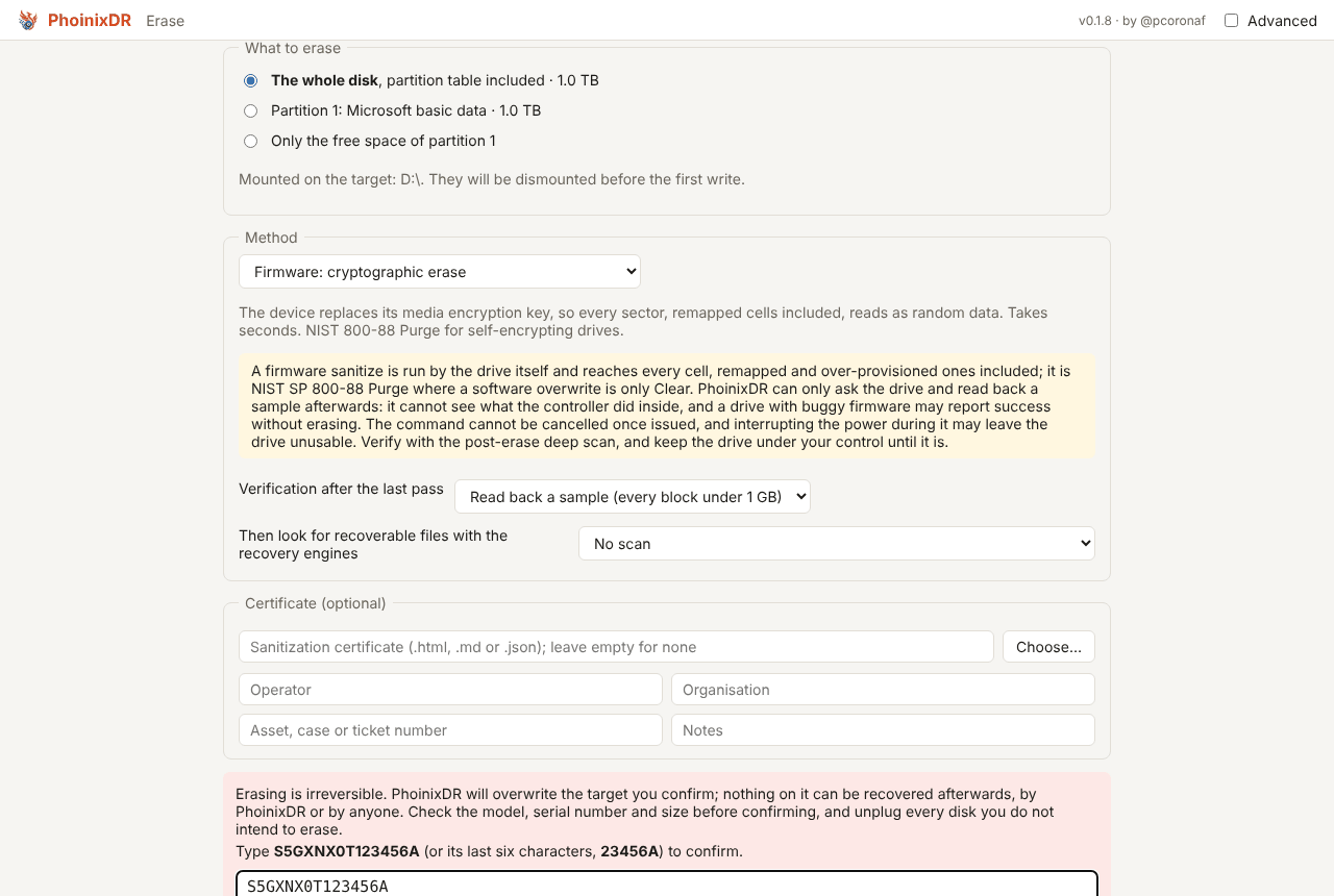 Erase setup for an NVMe drive with the firmware cryptographic erase preselected and its warning